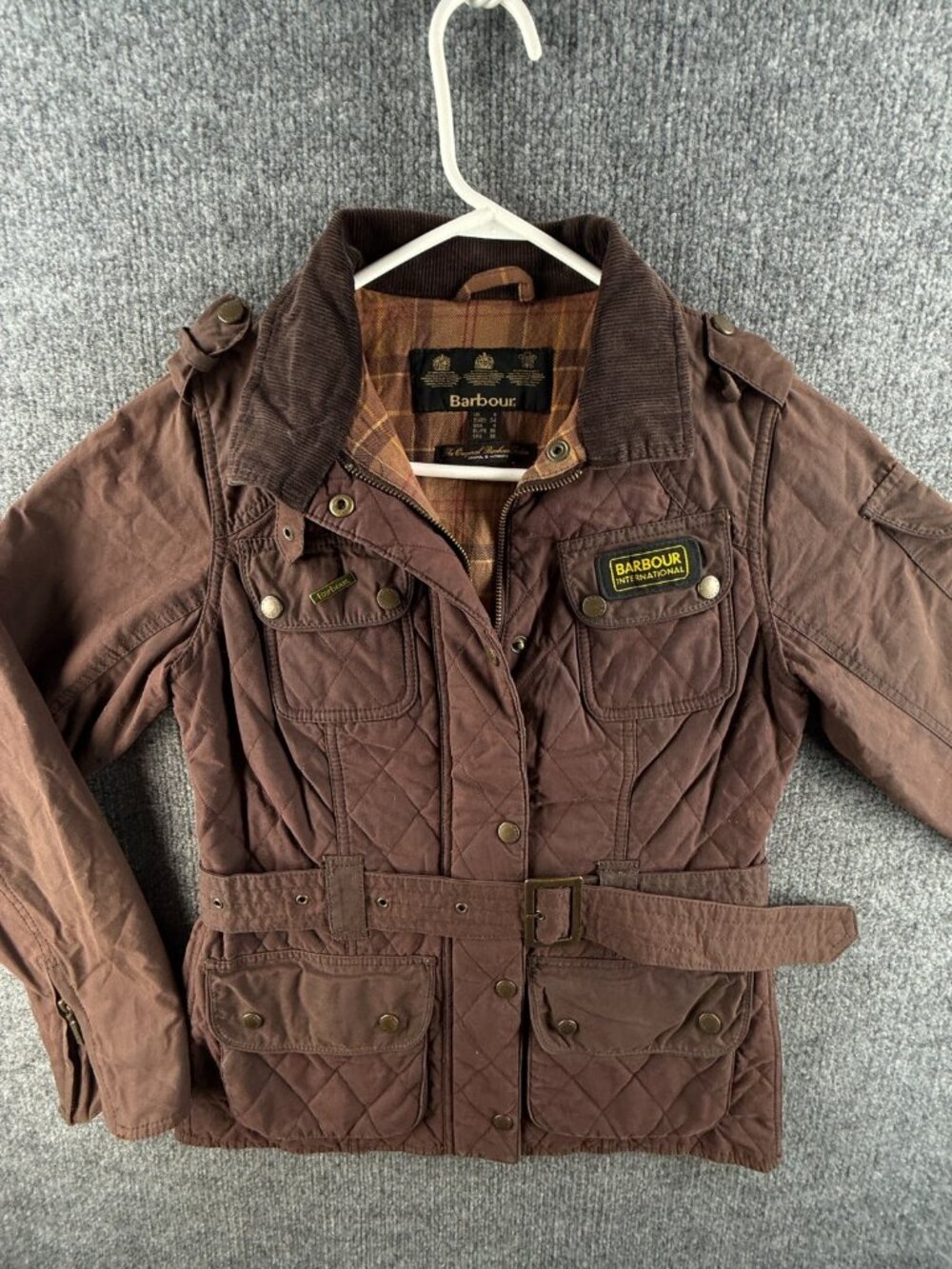 Barbour Quilted International Waxed Jacket Women Full Zip Red Brown Belted US 4